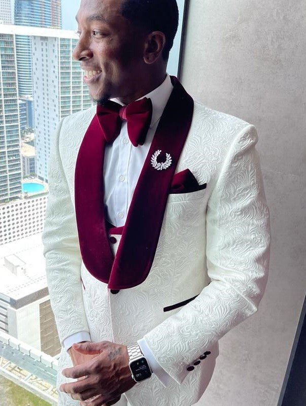 Show Stopper! - Custom 3 Piece Brocade Tuxedo - Ivory & Wine