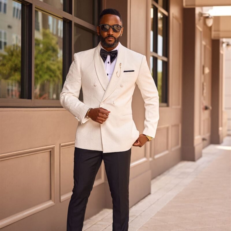 Custom Tailored Off White Double Breasted Shawl Lapel - Tuxedo