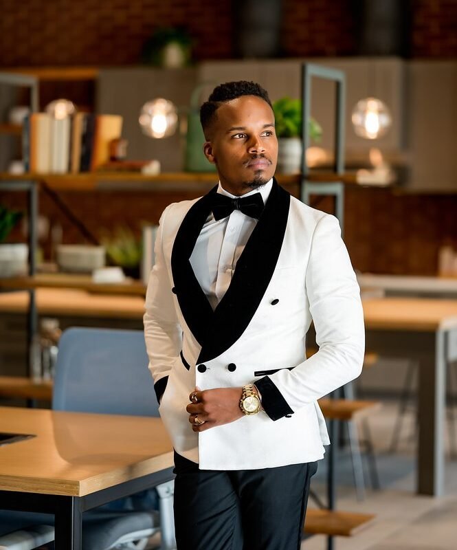Off White Double Breasted Tuxedo with Velvet Lapel