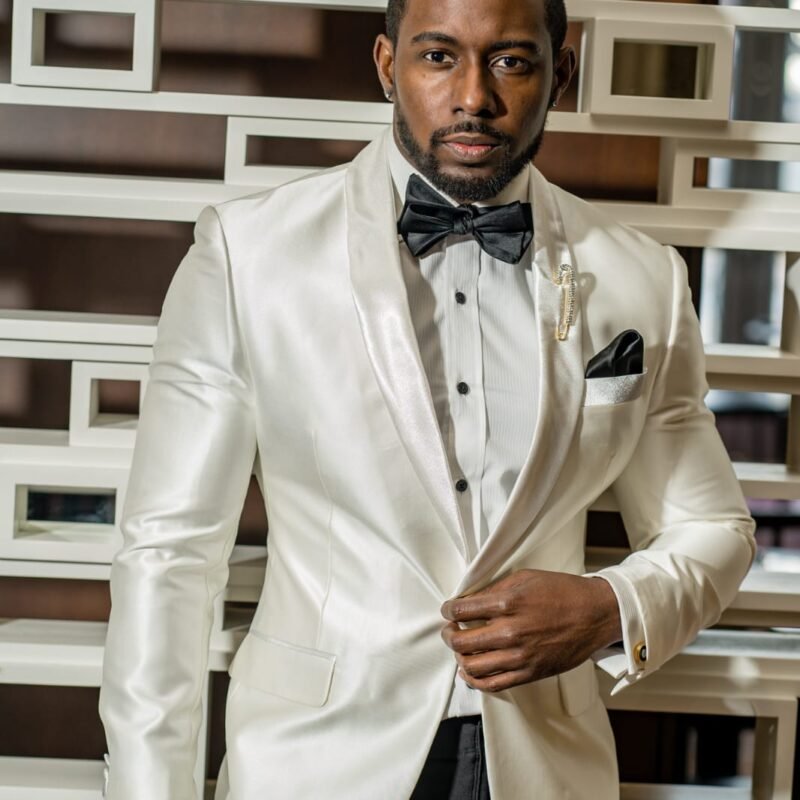 2 Piece Ivory on Ivory Shawl Lapel with Black Pant